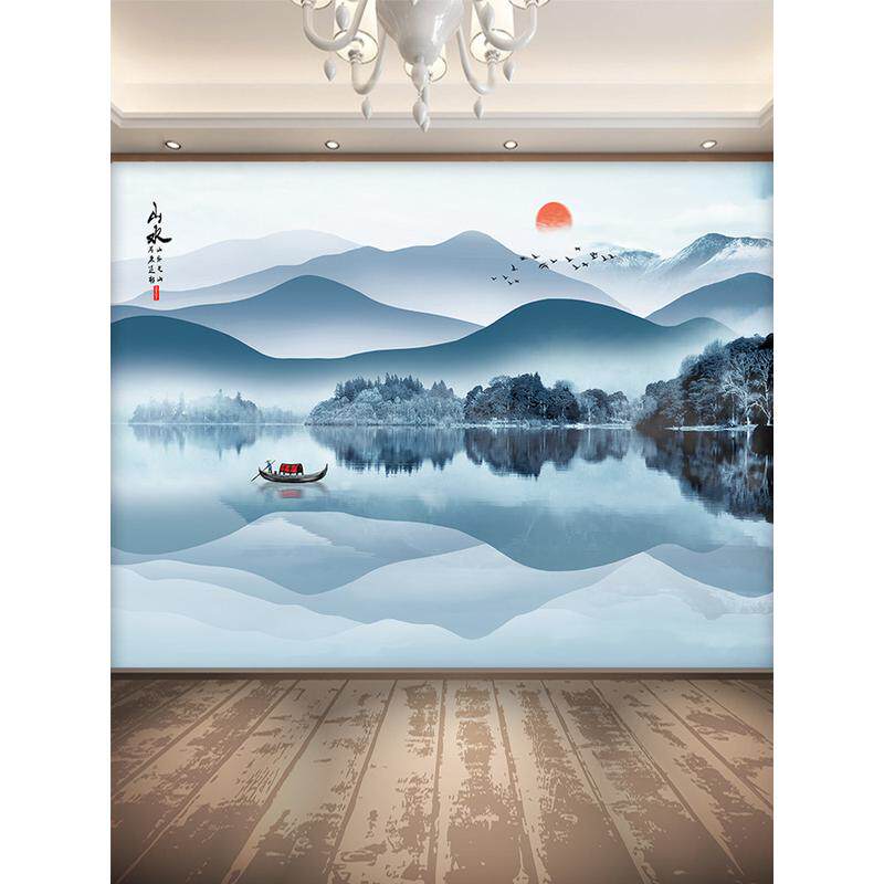 水墨山水画墙纸自粘风景画客厅背景墙装饰贴画墙贴新中式壁画贴纸