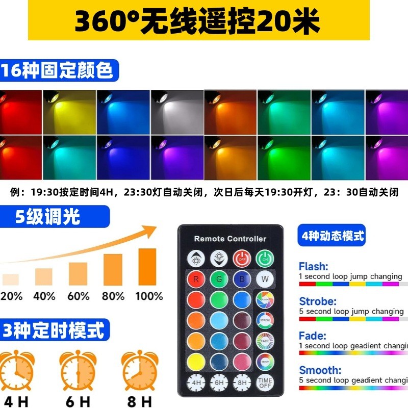 RGB草坪灯户外防水聚光花园景观投光灯25WRF无线遥控插地灯