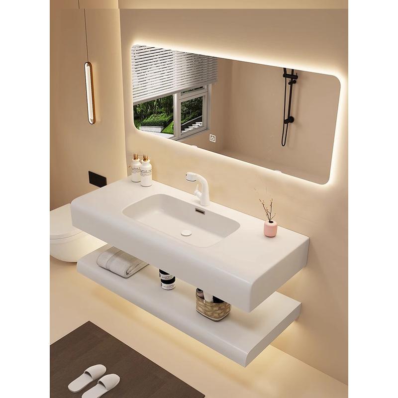 轻奢圆弧浴室柜奶油风绮美石洗漱台家用双层肤感一体盆浴室柜