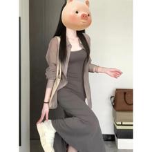 法式灰色吊带连衣裙外搭开衫配裙子一整套高级感衬衫两件套装春夏