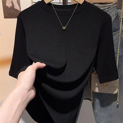 黑色五分袖T恤女士夏季百搭修身冰丝打底衫圆领中袖正肩体恤上衣