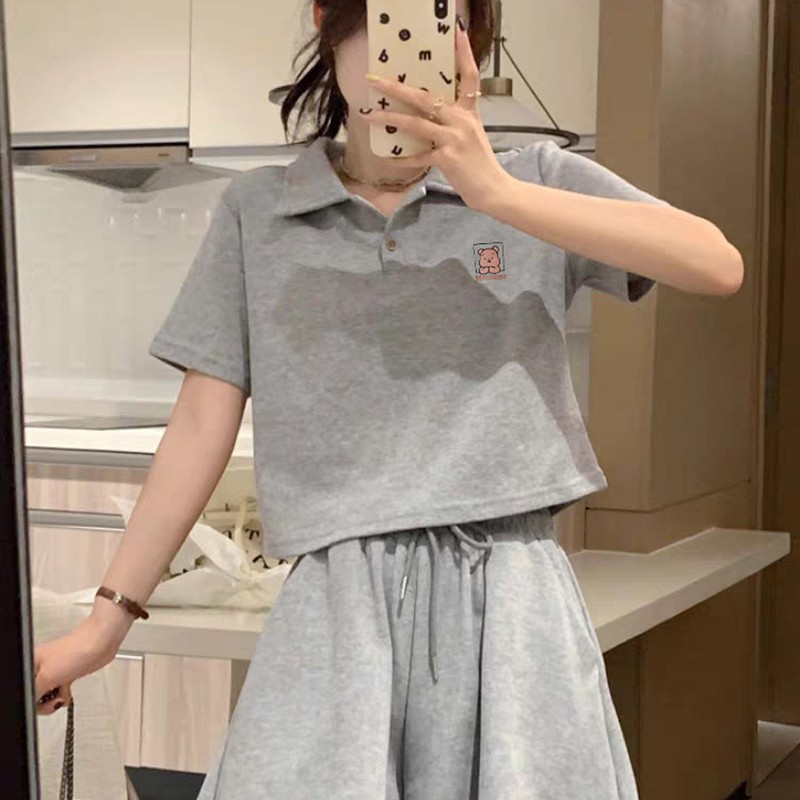 灰色Polo衫短袖短裤运动套装女夏季薄款纯棉宽松小个子休闲两件套