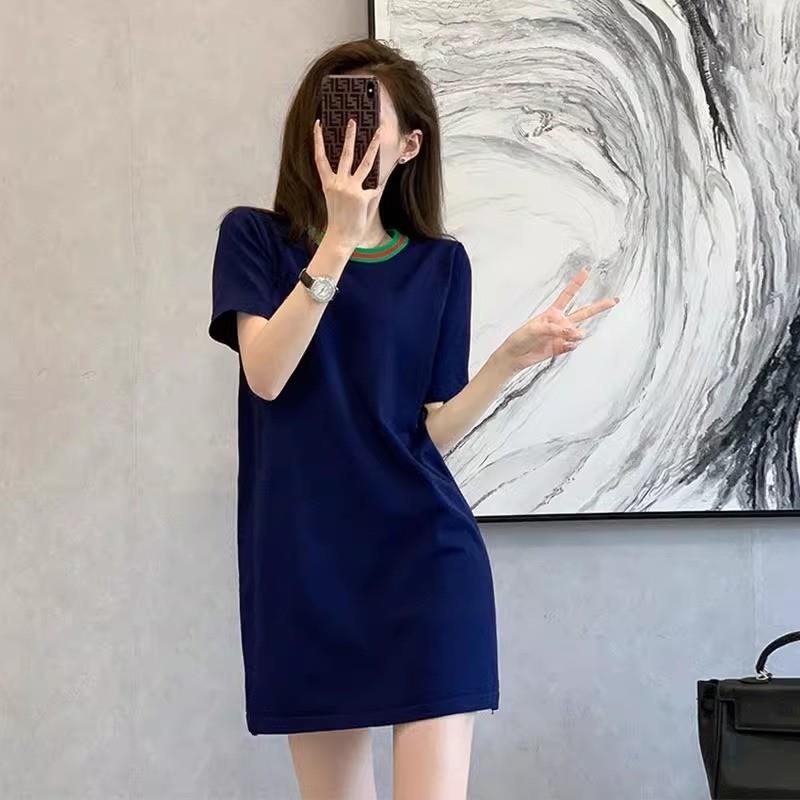 名媛小香风撞色冰丝连衣裙女高级感轻奢小众桔梗宽松减龄H型T恤裙