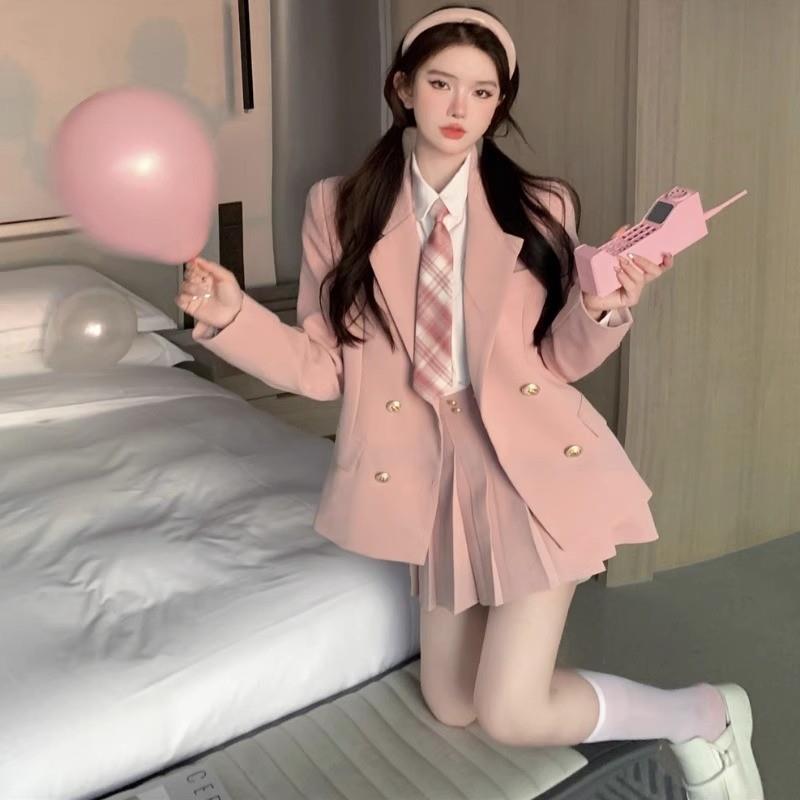 2025新款粉色学院风JK制服西装连衣裙子迪士尼穿搭三件套装女春季