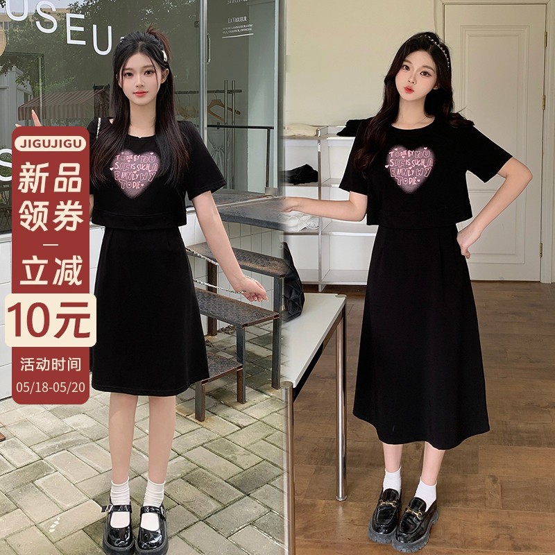 大码女装休闲短袖连衣裙夏季闺蜜装小黑裙假两件胖MM显瘦t恤裙子