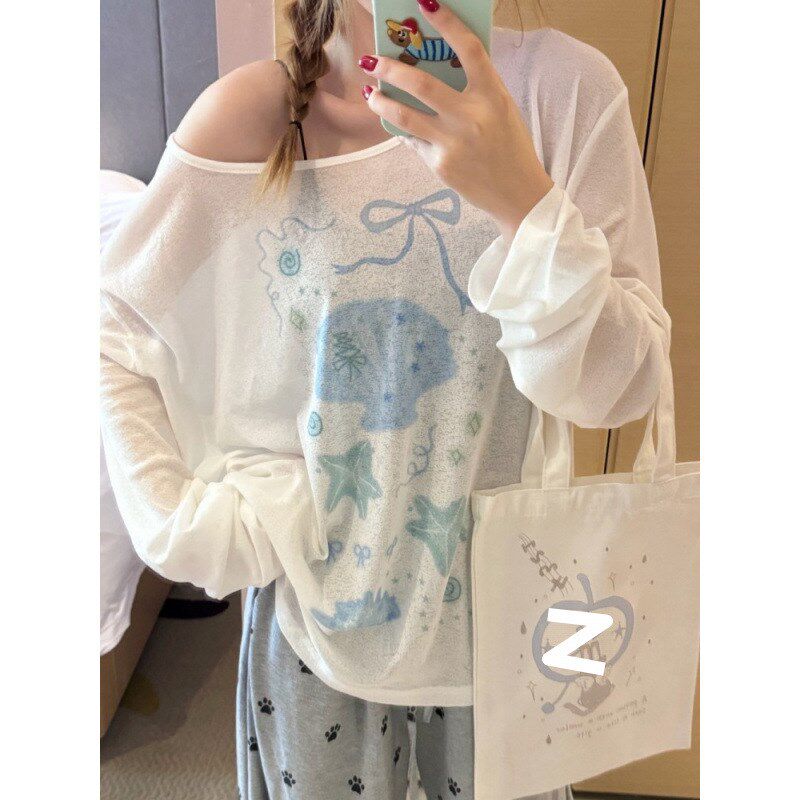 小众印花长袖防晒罩衫Tr恤女夏季设计感个性可爱宽松百搭薄款上衣