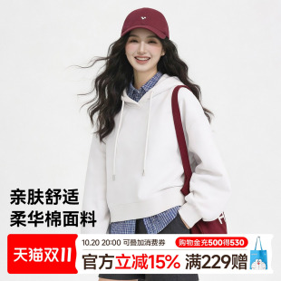 猫人白色短款连帽卫衣女2026秋季新款宽松显瘦休闲百搭套头上衣Z