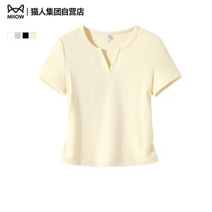 正肩内搭修身 猫人女装 小个子短款 t恤女2026夏新款 上衣Z 小v领短袖
