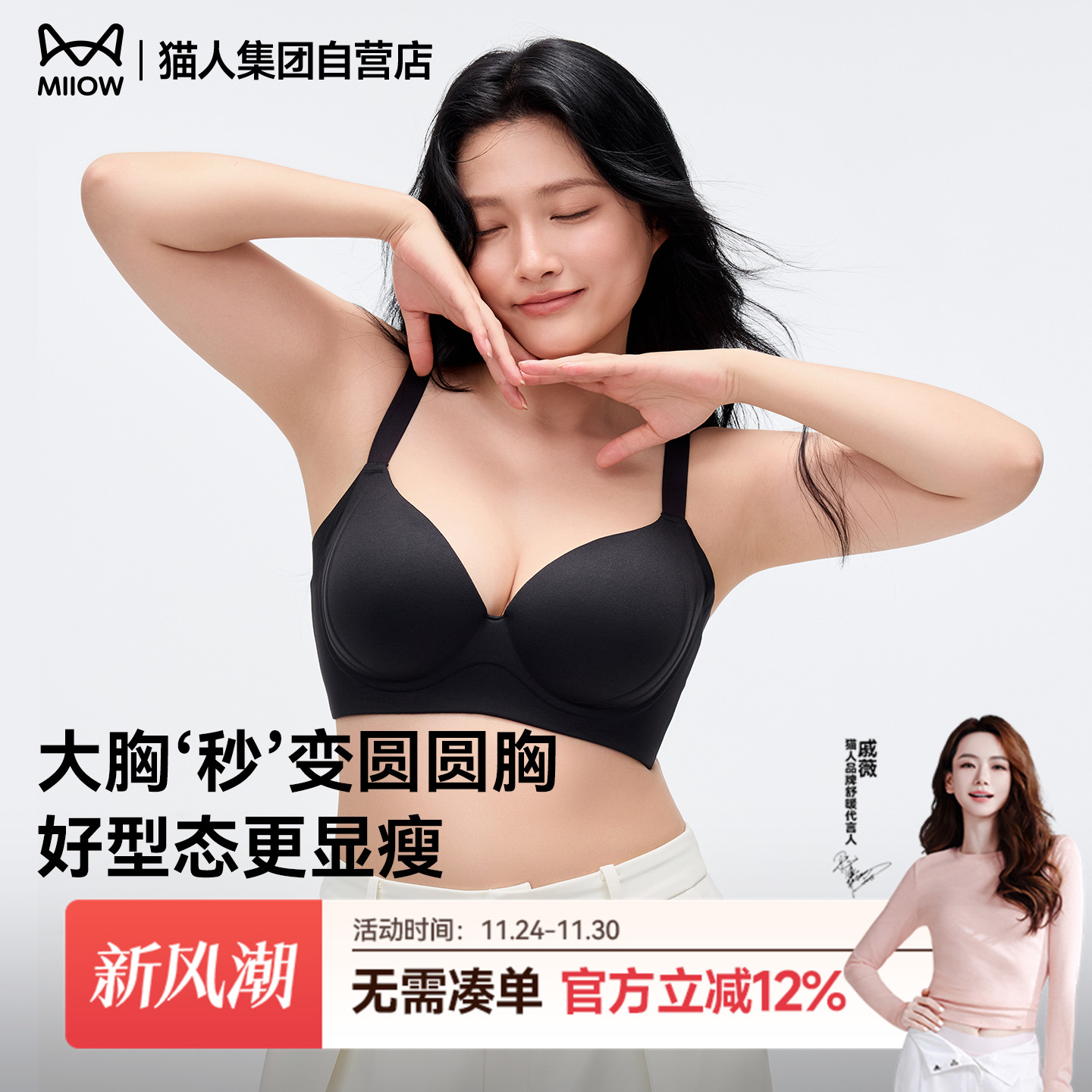 猫人2025秋冬新款女士文胸全固定提拉文胸软支撑女士胸罩上托大胸