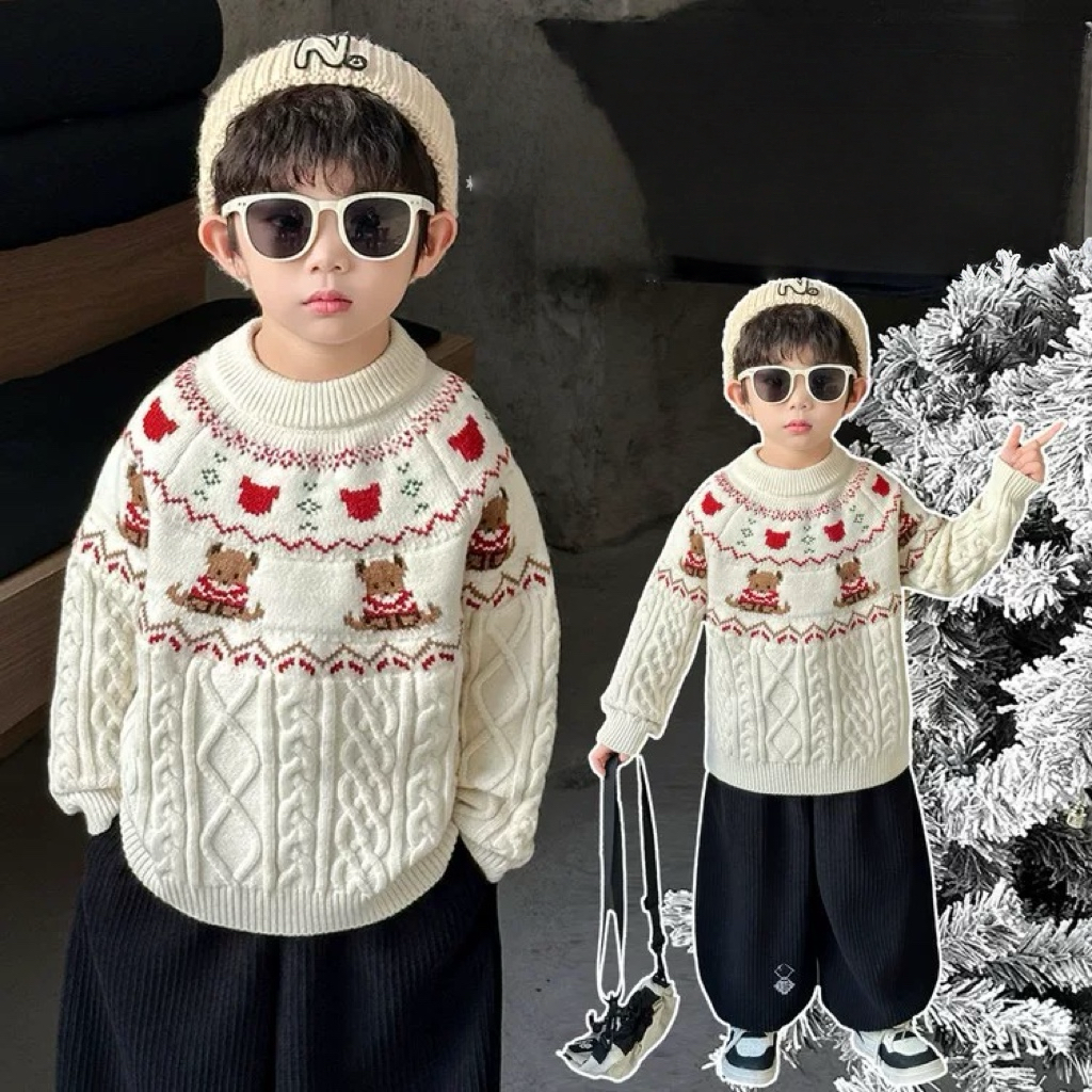 2025新款冬季麋鹿熊加厚毛衣男女童保暖时尚针织衫百搭上衣