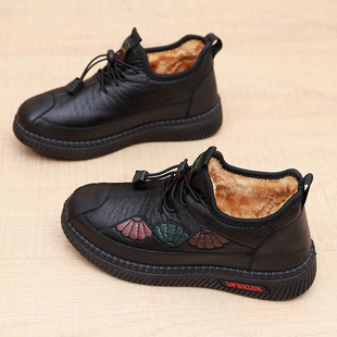 防滑软底棉靴皮面防水中老年靴子 女冬加绒保暖妈妈鞋 2023新款 棉鞋