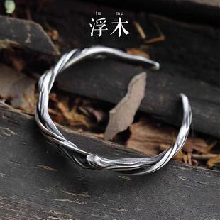 感藏銀浮木手鐲男做舊木紋復(fù)古手環(huán)手工編織鐲子男朋友禮物D1