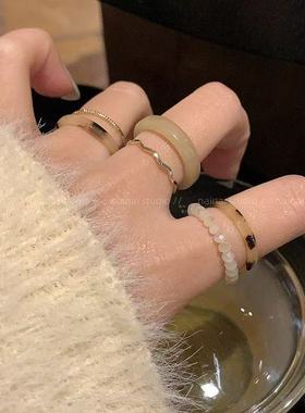 复古醋酸素圈戒指女2025年新款潮轻奢小众精致食指戒套装关节戒