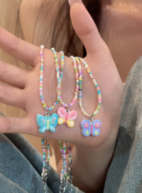 彩色蝴蝶串珠项链女甜美儿童夏日可爱卡通锁骨链潮
