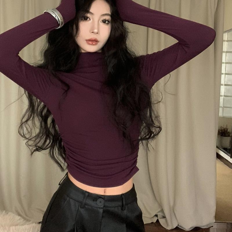 实拍实价秋冬百搭显身材褶皱紫色长袖T恤女加厚磨毛半高领打底衫