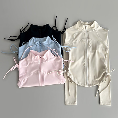 瑜伽服上衣长袖女秋抽绳立领开衫修身显瘦健身服户外跑步运动外套