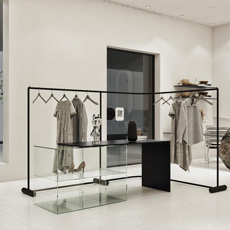 服装店展示架不锈钢黑色中岛子落地服装架男女装店货架陈列挂衣架