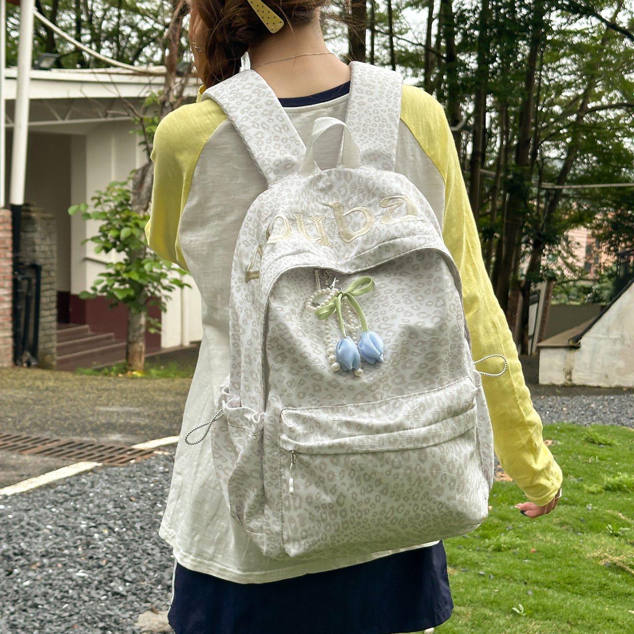 2026新款甜美豹纹双肩包学生书包大容量字母印花背包男女同款书包