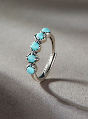 S925银复古做旧镶嵌原矿绿松石男女可佩戴复古简约开口戒指指环