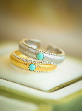 S925纯银镀金镶嵌绿松戒指拉丝精致开口复古高级百搭时尚饰品