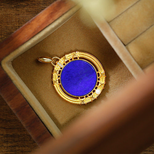 S925银镀金镶嵌天然青金石圆牌无事牌仿古花纹镂空复古