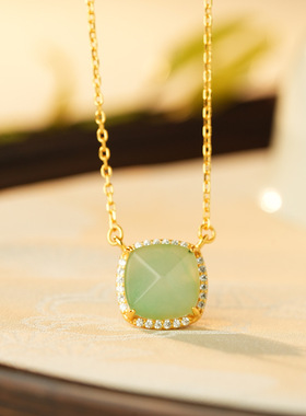 S925纯银镶嵌非洲翠套链新中式钻石切割面方形精美国潮潮流唯美