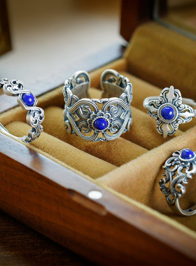 S925银镶青金石戒指复古做旧款精致气质时尚戒指指环女士个性潮流