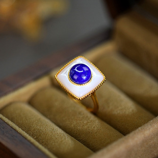 S925银镶青金石南红白贝母耳饰耳钉戒指时尚简约方形精致 百搭