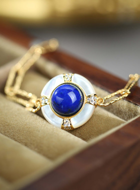 S925纯银镀金镶嵌青金石白贝母手链锁链设计精致复古中古潮流女