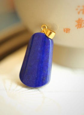 S925纯银镀金镶嵌青金石无事牌吊坠T形状长方形蓝色精美精致