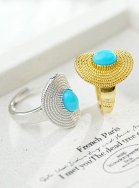 S925银爆款草帽戒指女法式复古小众设计高级感青金石绿松石手饰