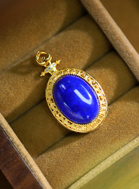 S925银镀金镶嵌青金石蛋面祥云纹镂空民族复古高档轻奢吊坠新中式