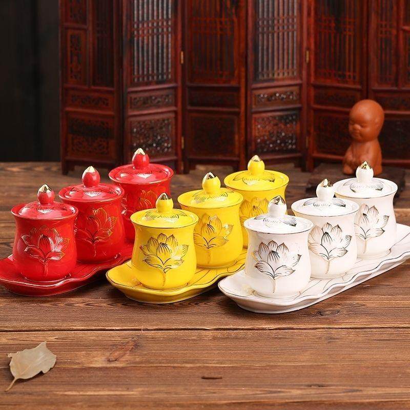 家用带盖圣水杯陶瓷白色莲花供水专用杯佛堂供杯贡品茶杯一整套