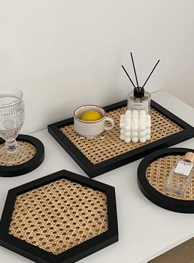 TJJ丨自制ins复古藤编托盘桌面饰品收纳盘北欧风拍照摄影道具
