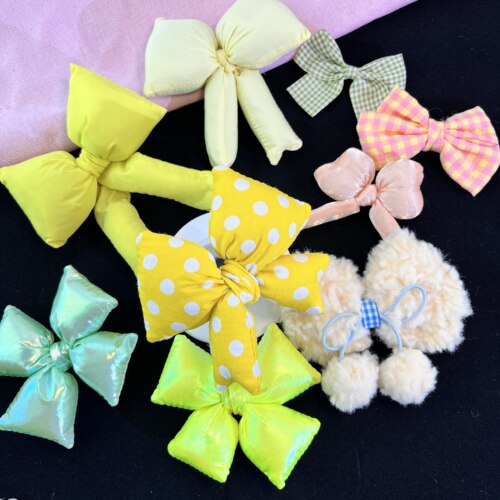 物语手作黄色波点格子充棉蝴蝶结多巴胺治愈毛绒痛包diy挂件配饰