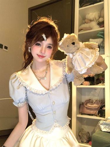 Lazy didi 少女画册 甜美海军领套装学院风短袖夏法式减龄蛋糕裙