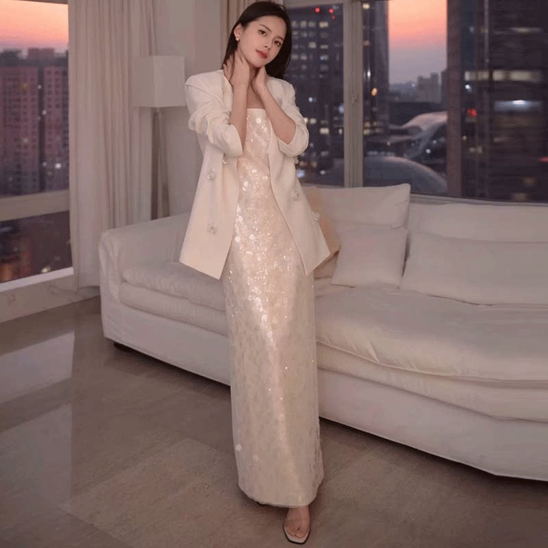 小众吊带亮片礼服套装连