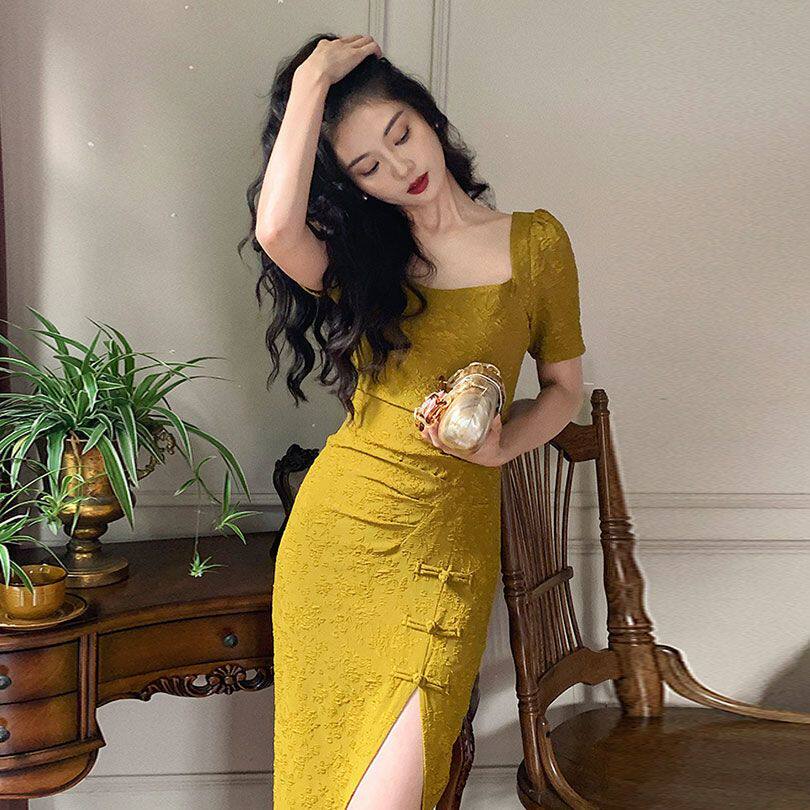 法式高级感赫本风黄色连衣裙长裙夏季女装新中式改良旗袍开叉裙子