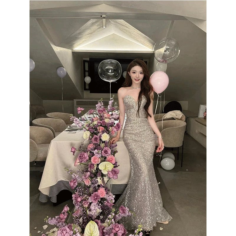 重工亮片抹胸连衣裙高级感轻奢名媛patty生日裙子鱼尾拖地礼服裙