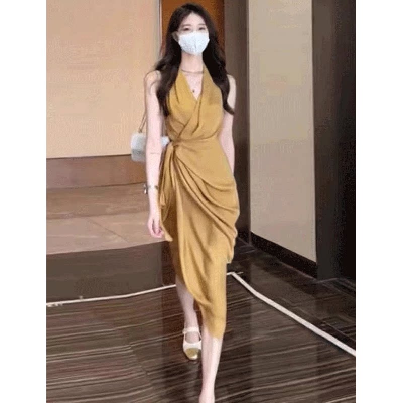 法式无袖挂脖连衣裙女夏