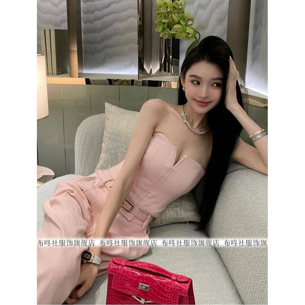 粉色V领短款抹胸背心女法式小众设计高级感别致上衣休闲裤两件套