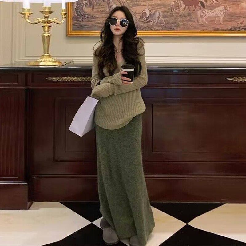 【现货秒发】气质名媛 马海毛鱼尾针织长款半身裙套装春