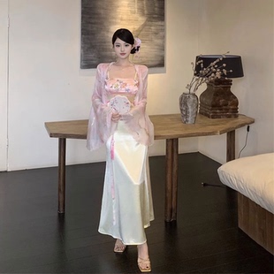 中式国风套装复古印花缎面丝滑吊带长裙开衫外套两件套女