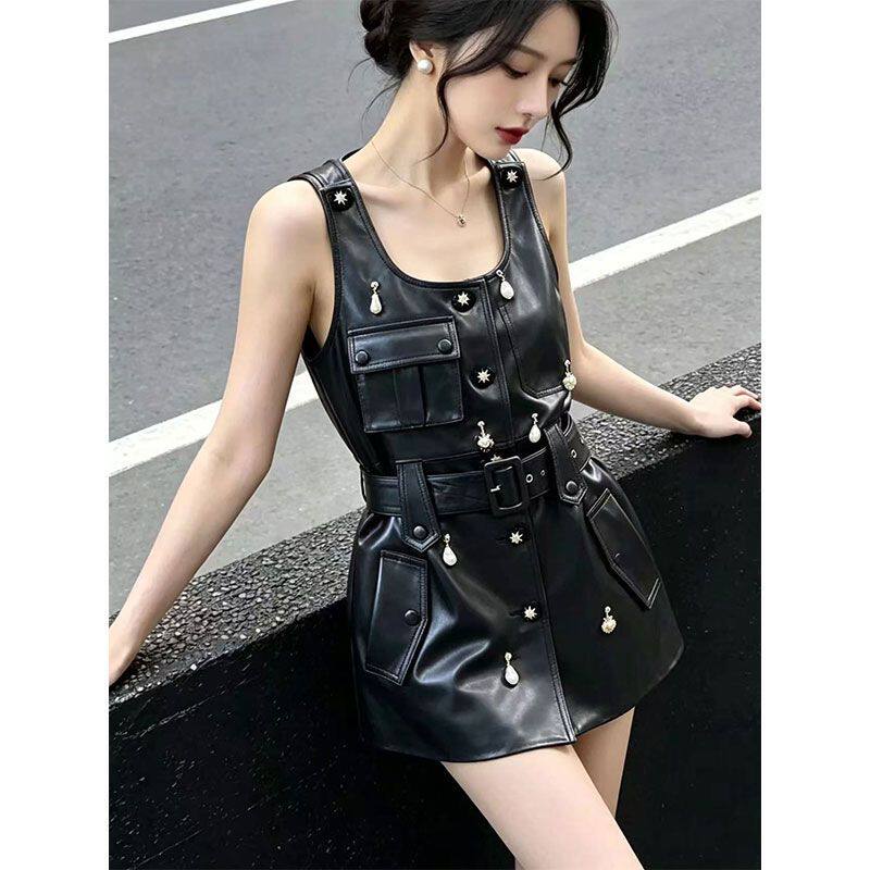 秋冬新款PU皮钉珠皮裙女