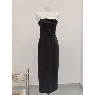 灰色针织吊带连衣裙性感褶皱长款甜美收腰包臀裙子