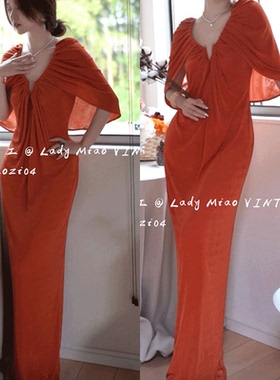 2024夏季暗橙色优雅显白高弹披风连衣长裙