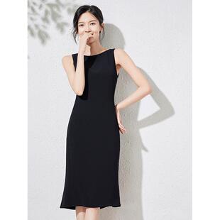 通勤OL一字肩连衣裙气质小黑裙职业装女士打底中长款无袖修身裙子