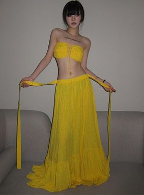 blingbling亮闪闪套装纯欲风黄色绑带抹胸背心礼服旅游半身裙套装
