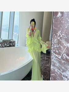 沙滩海边度假风超仙纱裙别致独特气质女装高级感绿色荷叶边连衣裙