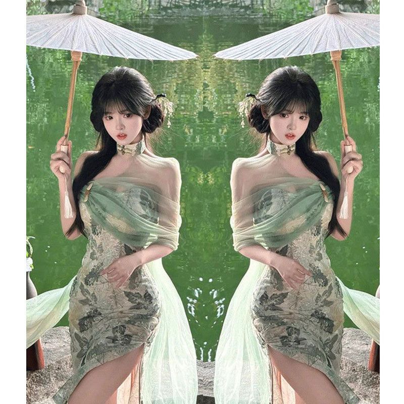 绿色旗袍女新中式连衣裙